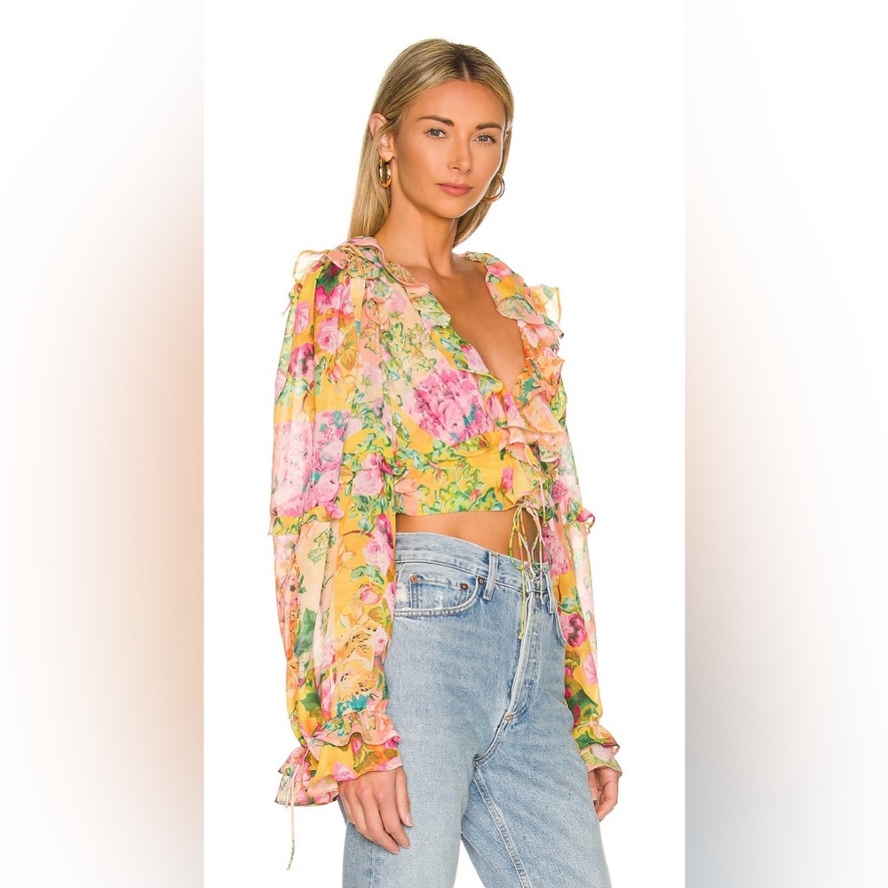 NWT RARE For Love And Lemons SOLD OUT Nina Pink and Yellow Ruffled Crop Blouse - Picture 2 of 8